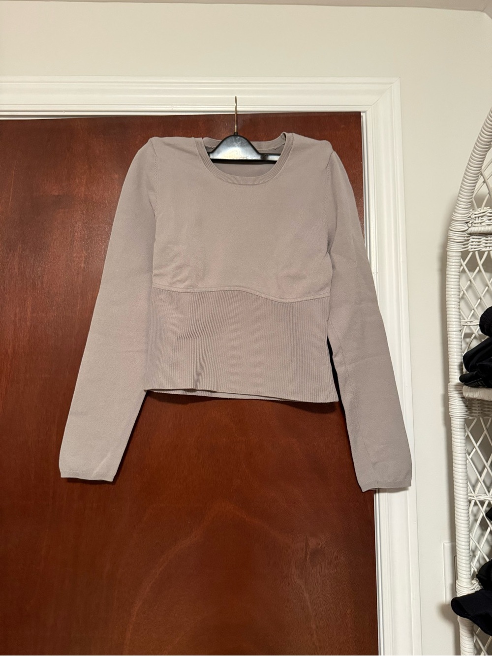 Babaton Ribbed Panel Long Sleeve Crop Top in Taupe Gray